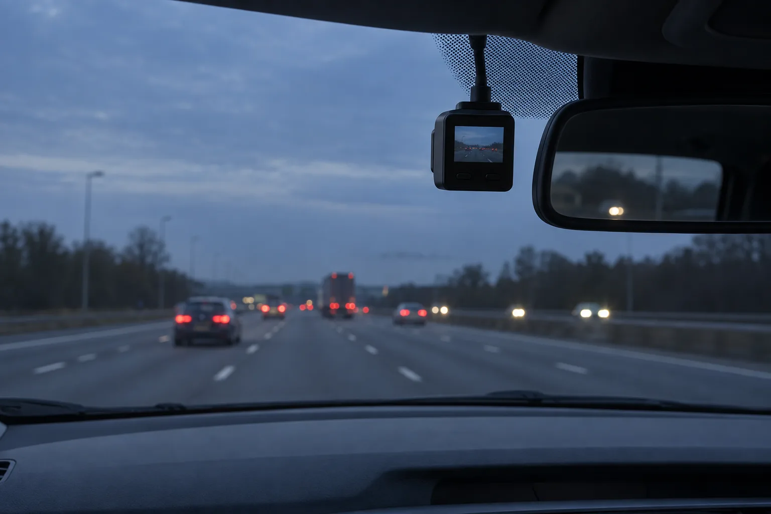 Dash cam mounted behind a windscreen at dusk