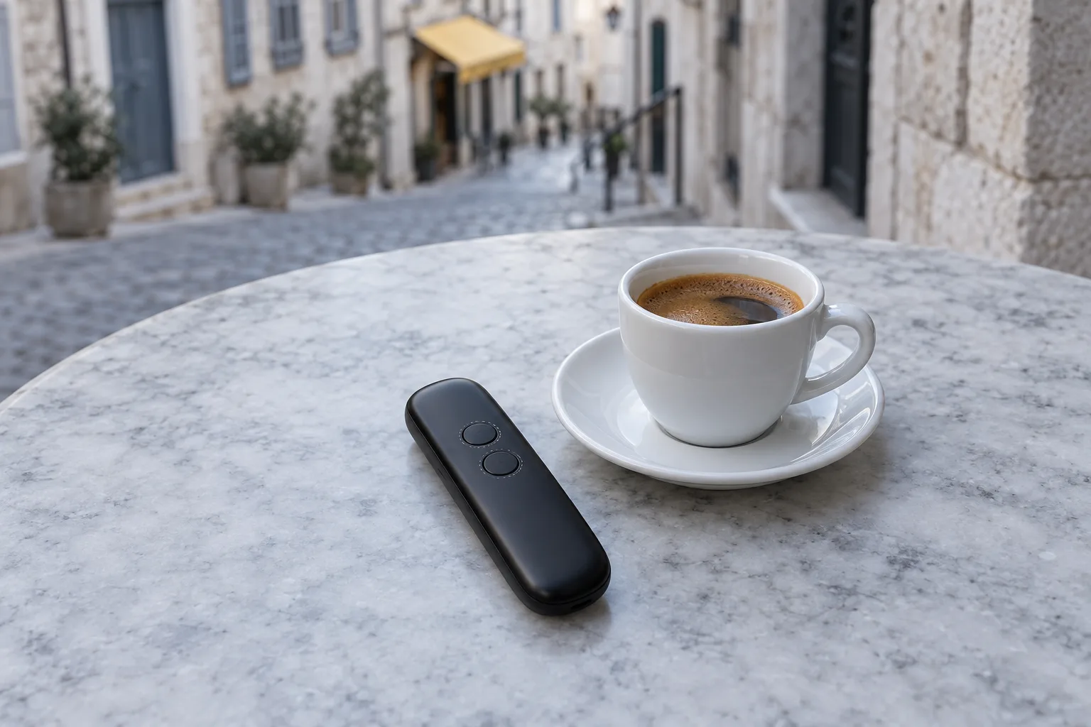 Handheld voice translator held up at a market stall abroad
