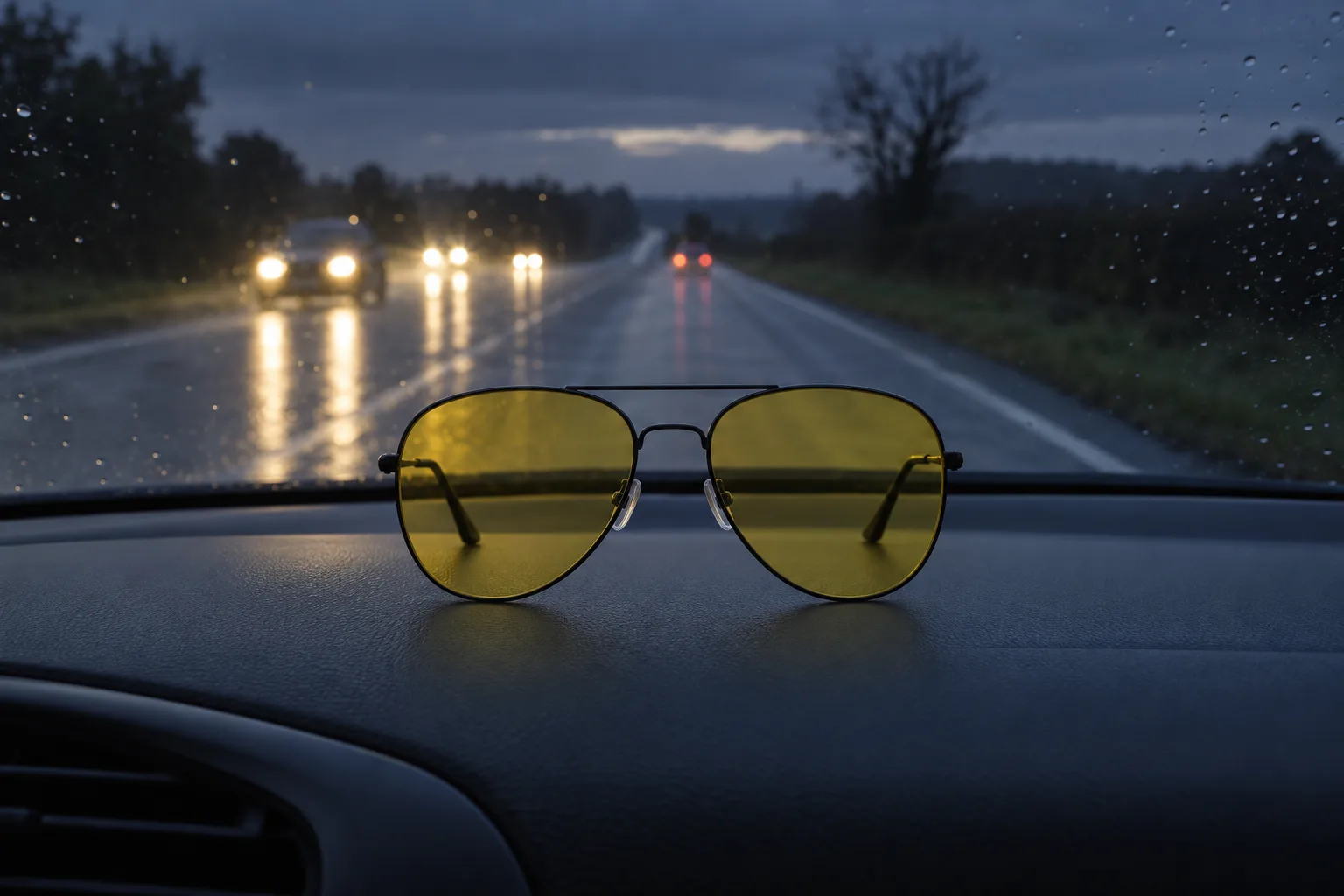 Yellow-lens night driving glasses on a dashboard after dark