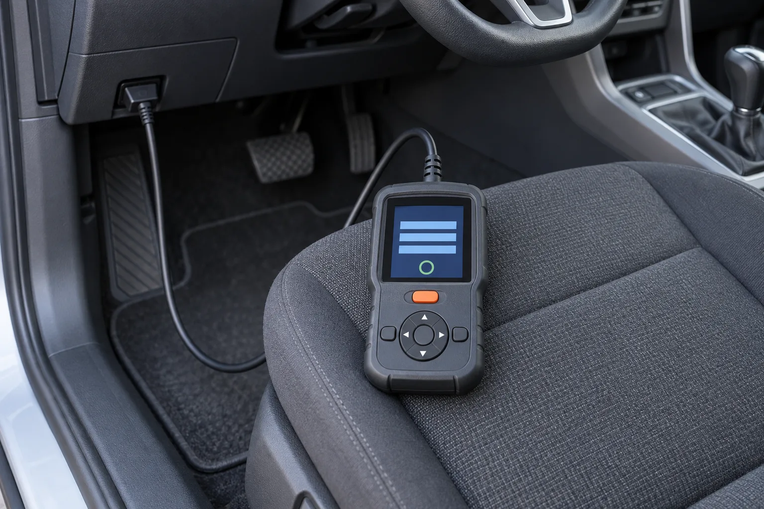 OBD2 scanner plugged in beneath a car dashboard