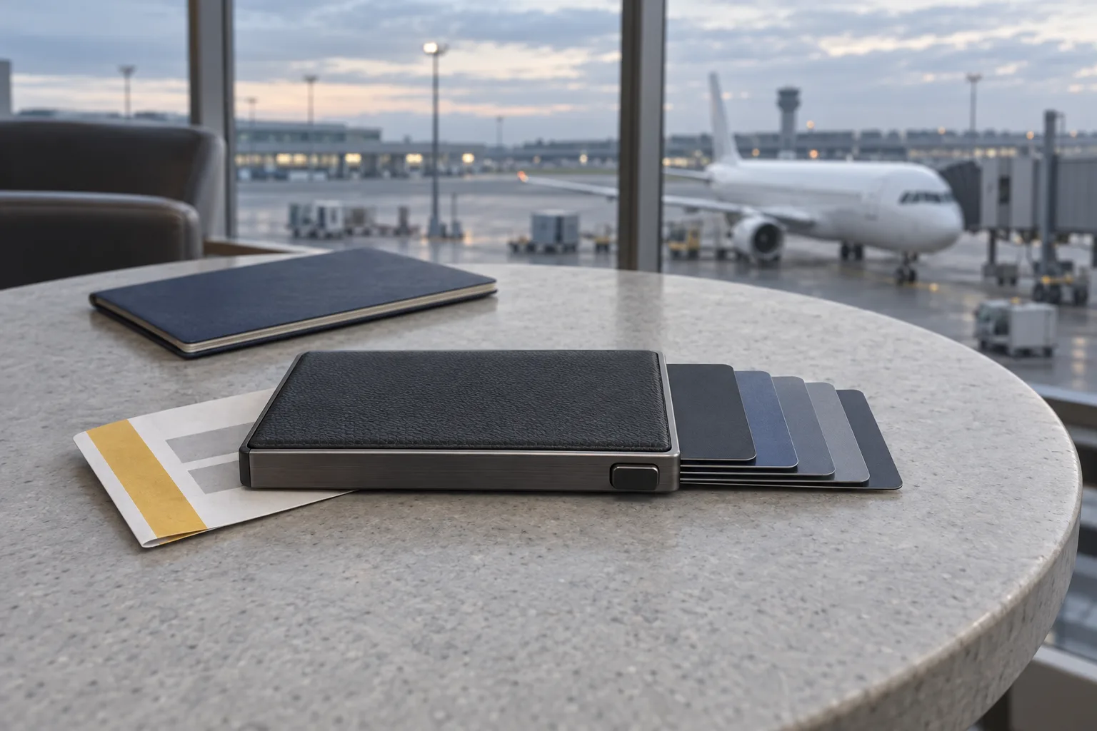 Slim RFID-blocking wallet fanned open with bank cards