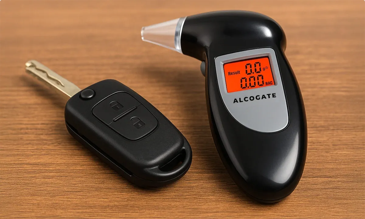 AlcoGate breathalyser beside a car key on a wooden table