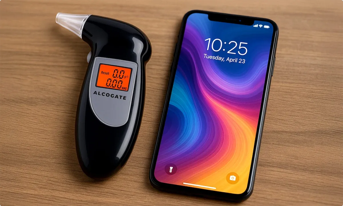 AlcoGate breathalyser next to a smartphone on a wooden table
