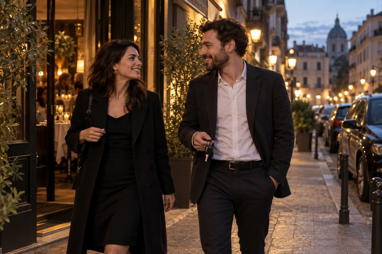 Couple leaving a restaurant at night, car keys in hand