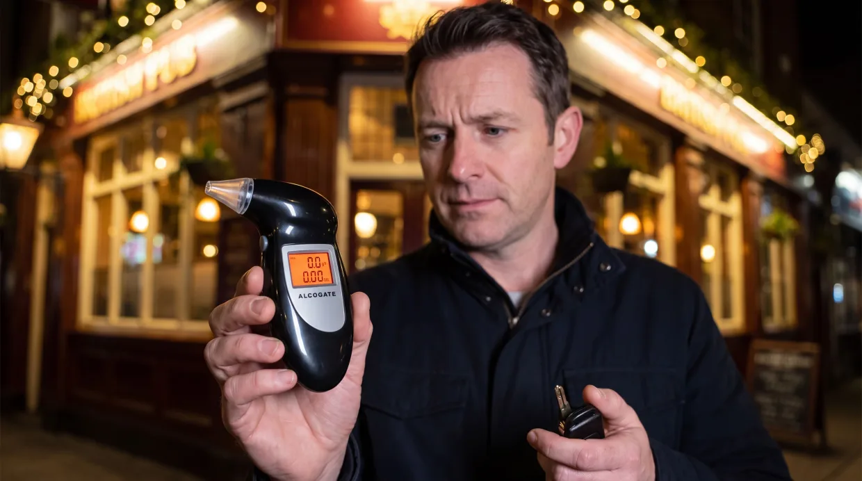 Man outside a pub checking the reading on his AlcoGate breathalyser