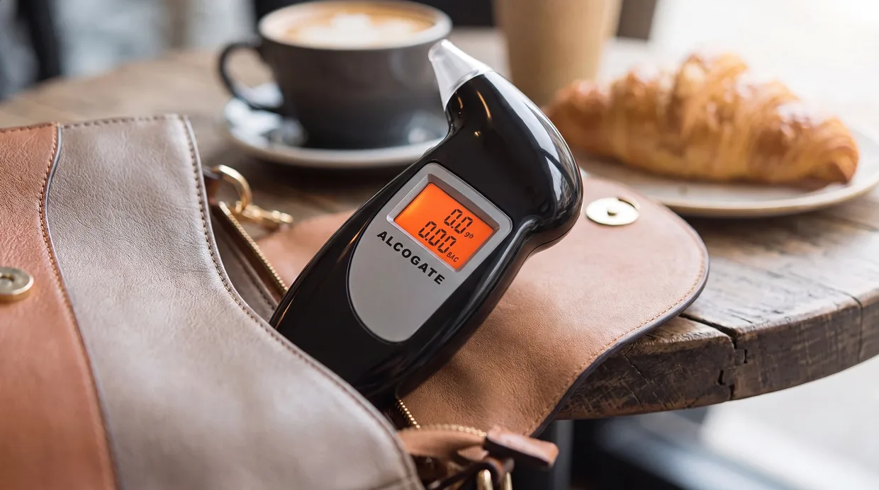 AlcoGate breathalyser in a handbag on a café table
