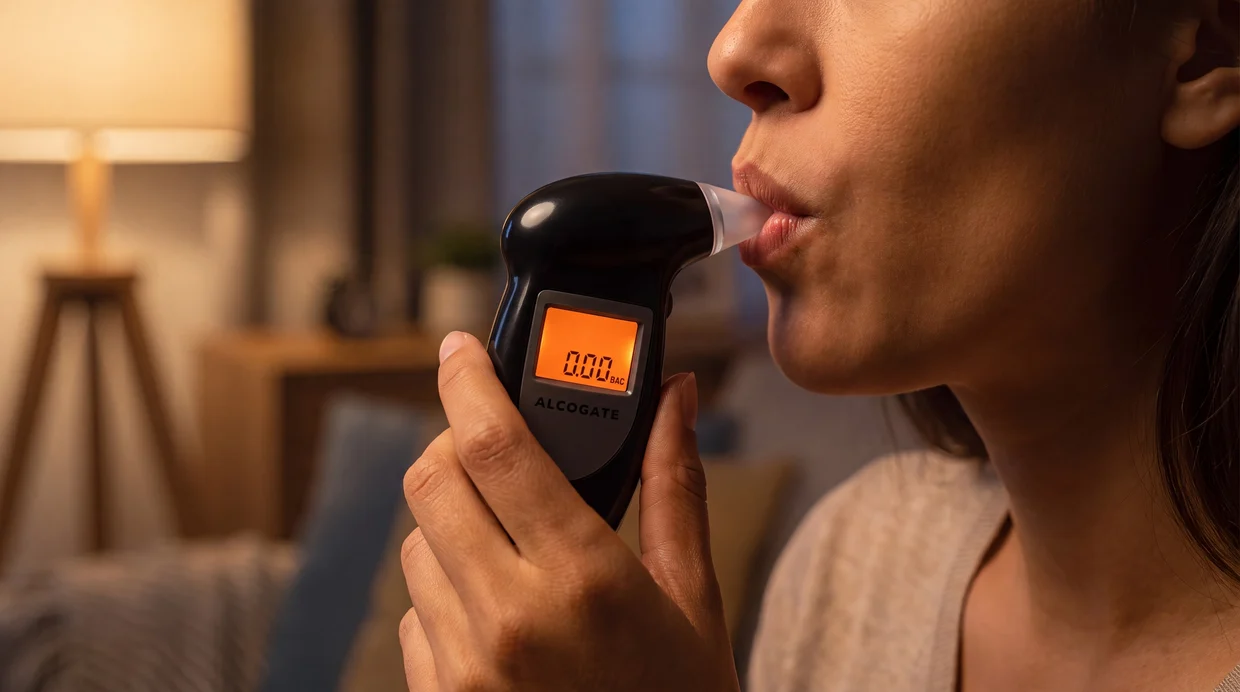 Woman blowing into the AlcoGate mouthpiece