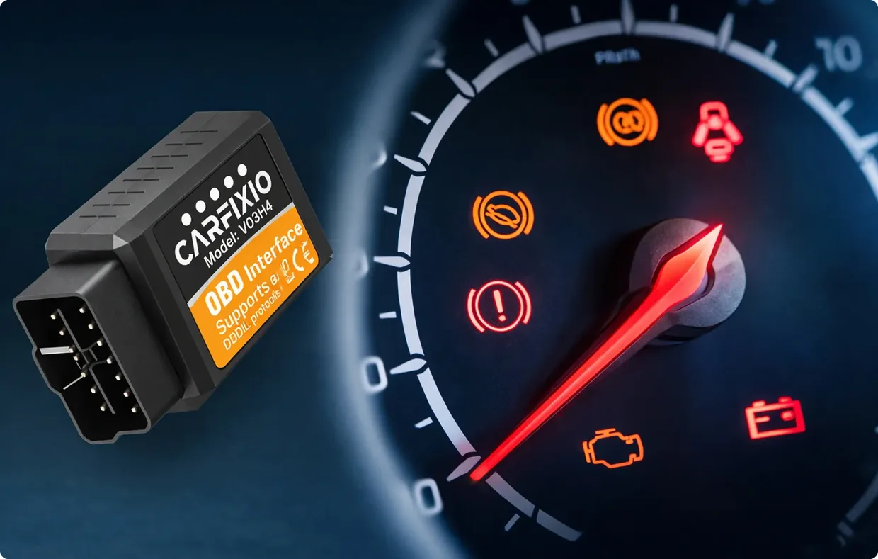CarFixio reader next to a dashboard dial with warning lights lit