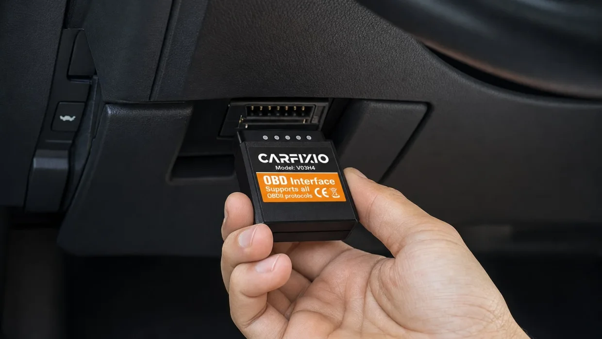 Hand plugging the CarFixio reader into the OBD2 port under the dashboard