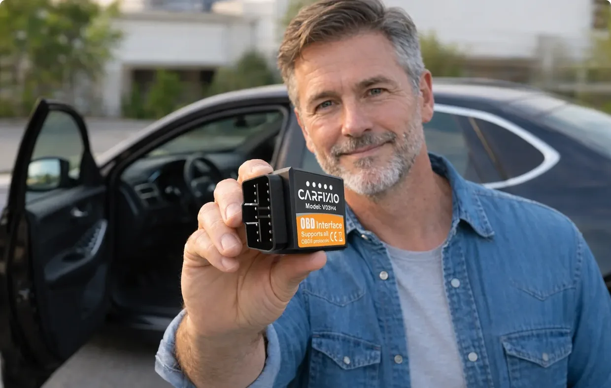 Man beside his car holding up the CarFixio OBD2 reader