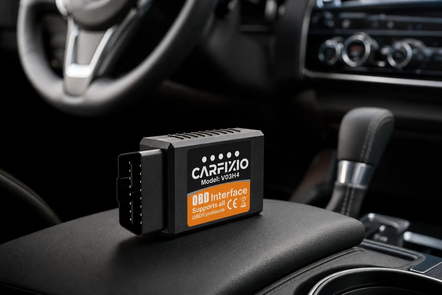 CarFixio OBD2 reader on a car’s centre armrest