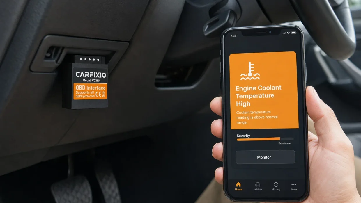 Hand holding a phone with a coolant temperature alert while the reader is plugged in under the dashboard